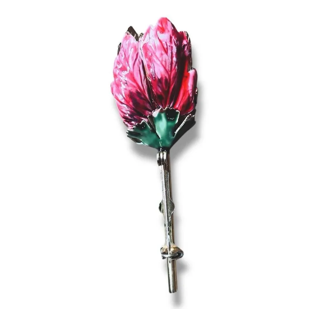 VTG Sandor Brooch Pink Enamel Flower Tulip Peony Gold Tone Mid Century Signed